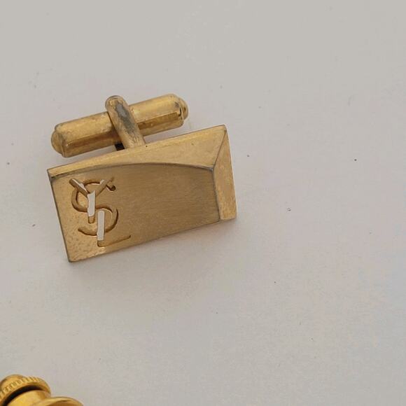 Yves Saint Laurent YSL Gold Tone Rectangle Logo Cufflinks Tie Pin Designer Set - Picture 3 of 12